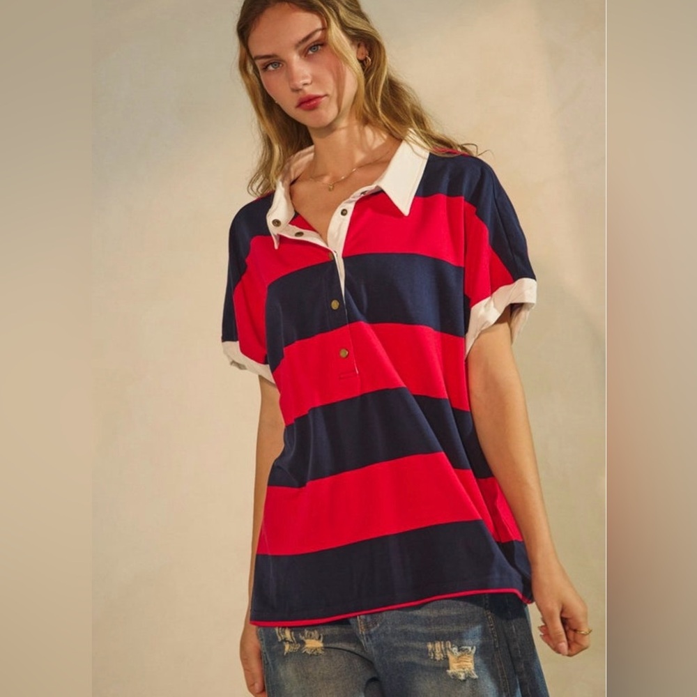 Oddi Rugby Striped‎ Polo Top Red Navy Blue Preppy Varsity Collegiate Size 1X